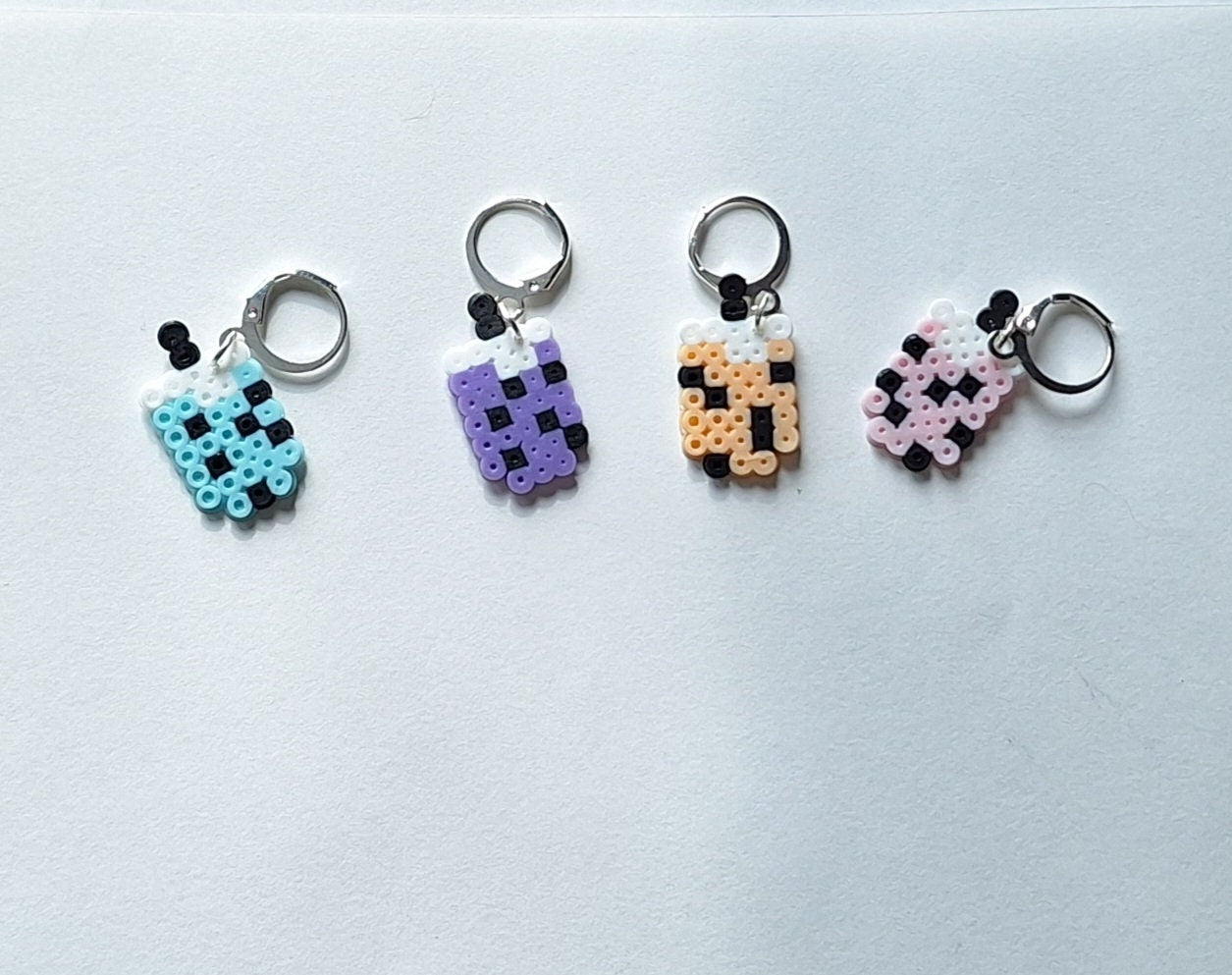 Stitch markers set 4 boba bundle / taro strawberry blueberry mocha bubble tea perler bead set of 4 boba cutie progress keeper pixel style
