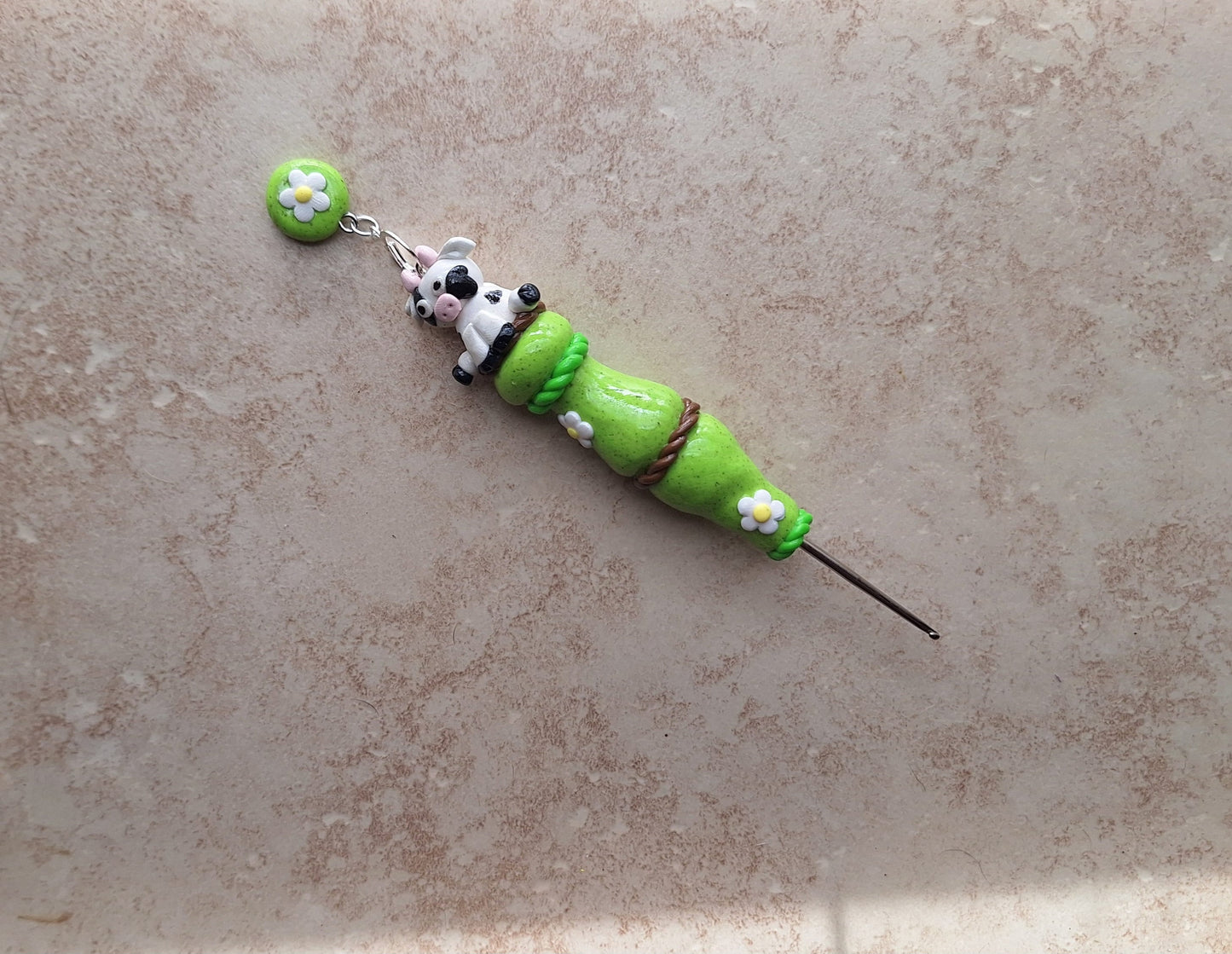 Polymer clay cute daisy cow crochet hook with stitch marker
