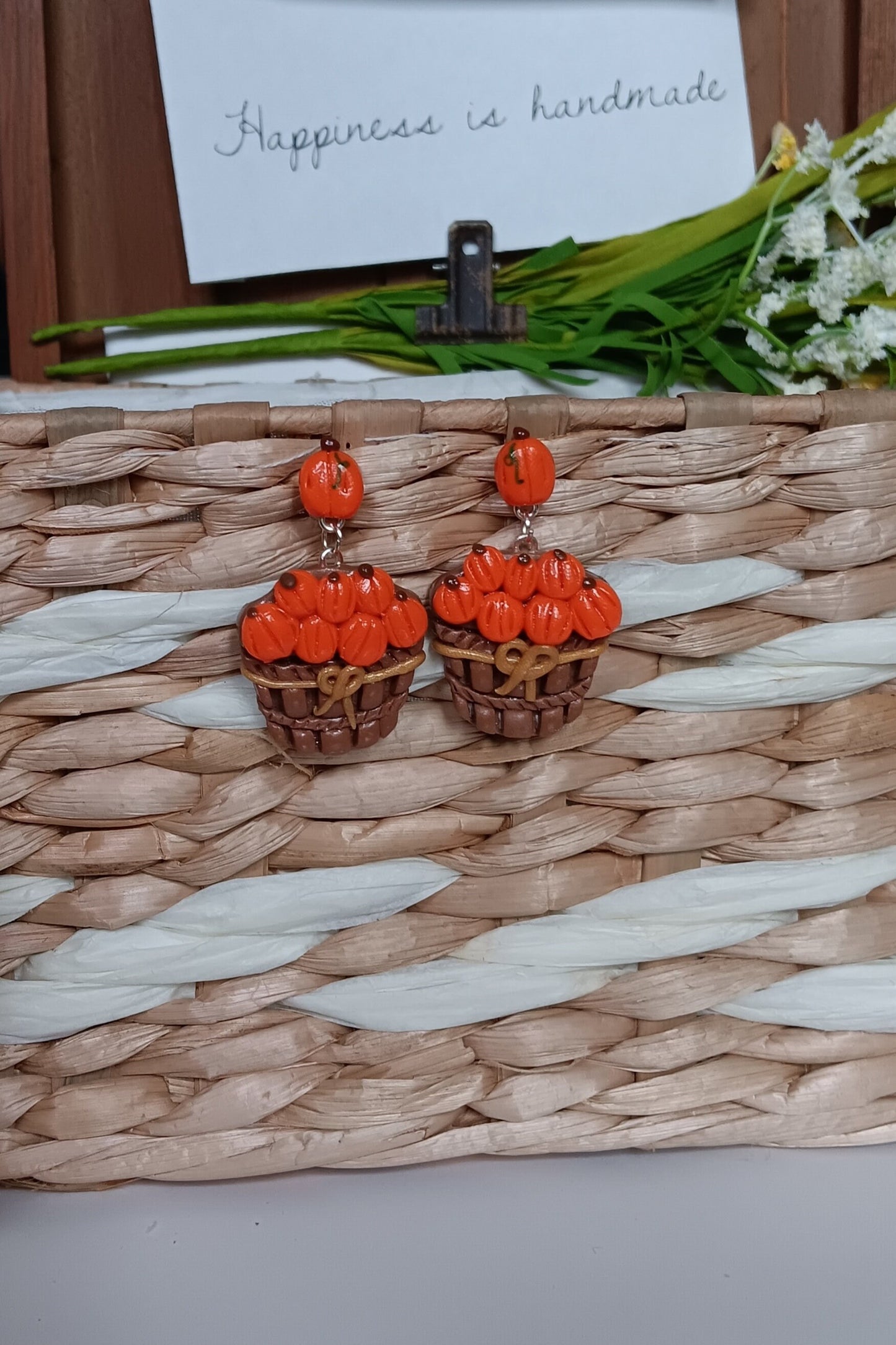 Kawaii pumpkin earrings / polymer clay pumpkin orchard basket stud dangle earrings / kawaii pumpkin fall jewelry / clay autumn earrings