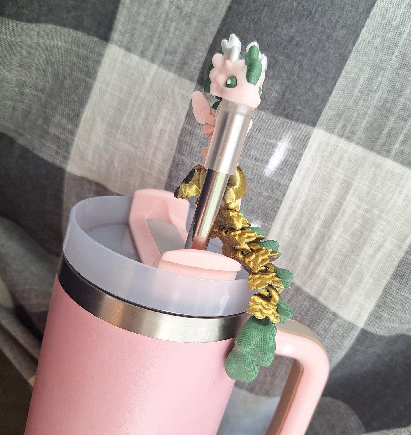 3D articulated metallic gold baby kaida dragon straw cap / 3d printed dragon animals / pink green dragon straw topper cover Fidget figurines