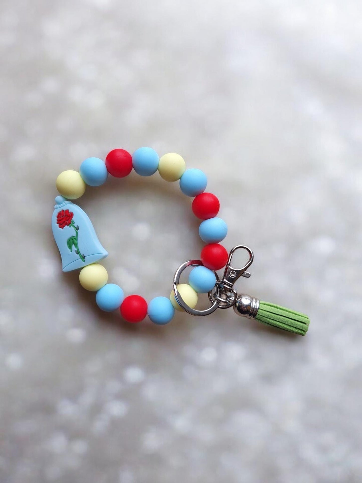 Silicone beaded wristlet keychain / rose silicone beaded wristlet keychain /  red rose floral bag accessories key chain