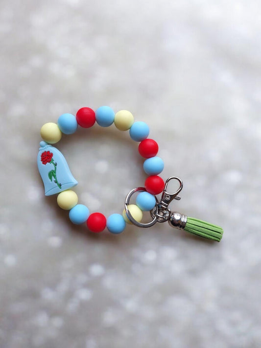 Silicone beaded wristlet keychain / rose silicone beaded wristlet keychain /  red rose floral bag accessories key chain