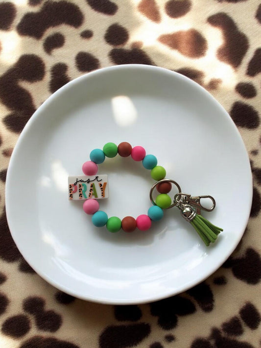 Silicone beaded wristlet keychain / leopard print just pray silicone beaded wristlet keychain / religious faith bag accessories key chain