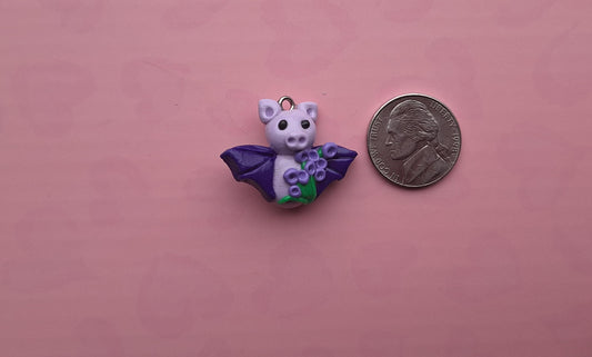 Kawaii floral lavender bat charm / polymer clay holiday charms / clay charm jewelry / bat charm stitch marker progress keeper