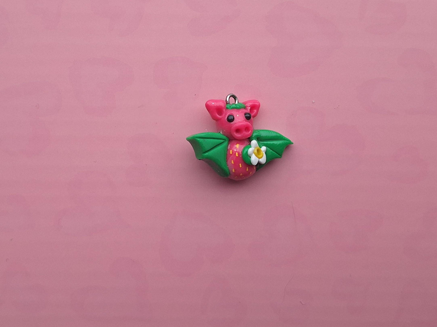 Kawaii pink strawberry bat charm / polymer clay holiday charms / clay charm jewelry / bat charm stitch marker progress keeper