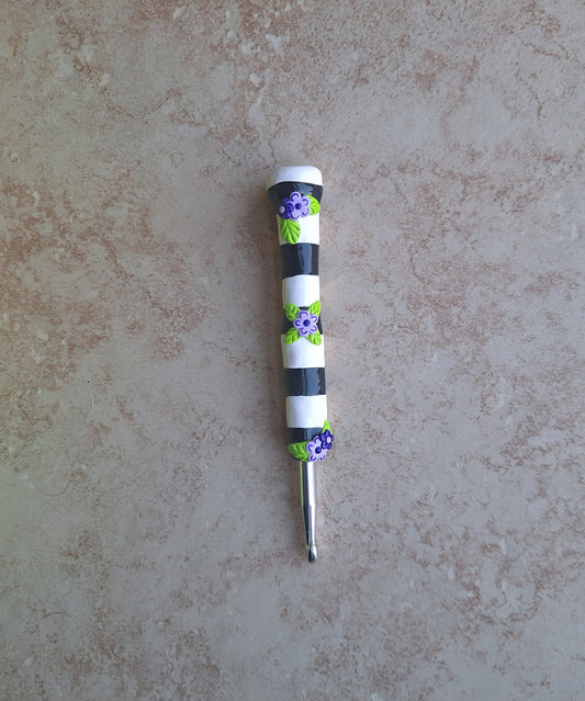 Polymer clay black white stripe purple daisy crochet hook