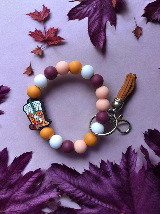 Silicone beaded wristlet keychain / fall pumpkin spice beaded coffee wristlet keychain / halloween boba ghost bag accessories key chain gift