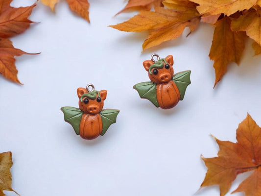 Kawaii orange pumpkin bat charm / polymer clay halloween charms pumpkin patch / clay charm jewelry / bat charm stitch marker progress keeper