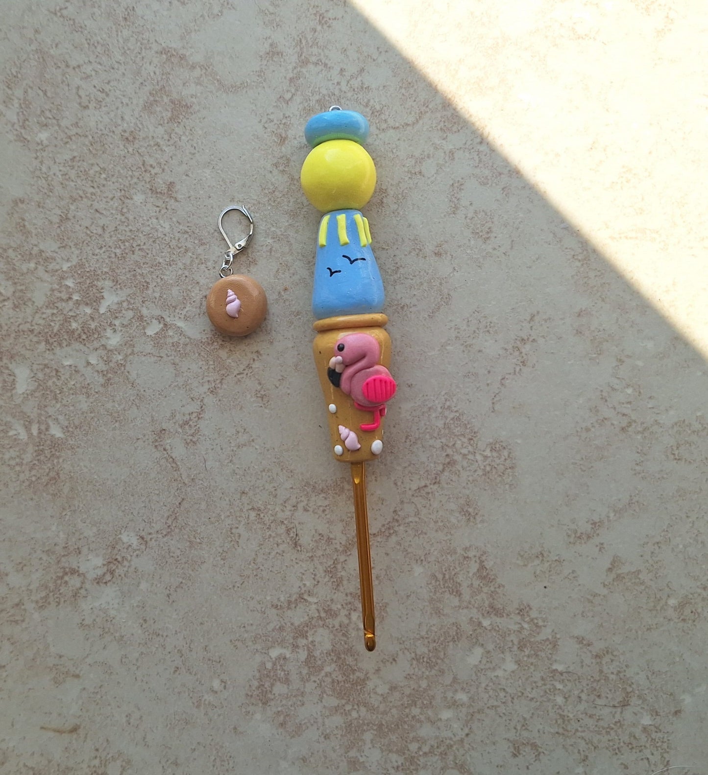 Polymer clay Beach scene flamingo crochet hook with stitch marker