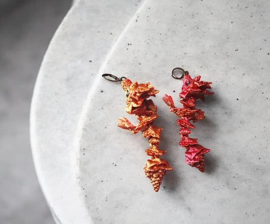 3D articulated red orange autumn tadling dragon earrings / 3d printed earrings / dragon earrings / articulated 3d fall leaf dragon jewelry