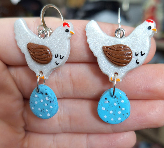 Kawaii clay chicken easter egg earrings / polymer clay spring summer dangle earrings / clay easter earrings jewelry chicken rooster