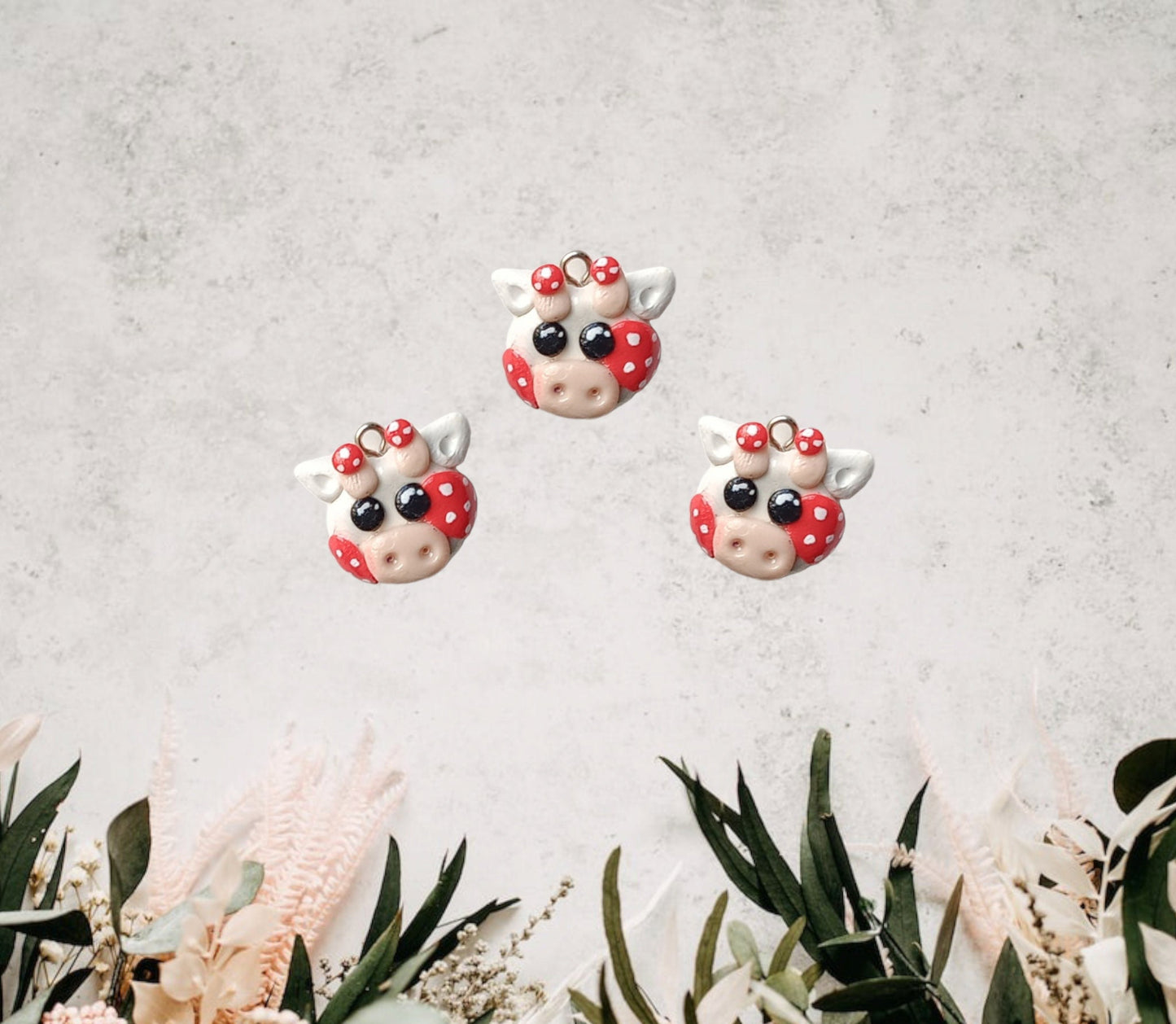 Kawaii toadstool mushroom cow charms / polymer clay floral cow charms / kawaii cow bull charms / red cow charms jewelry stitch marker