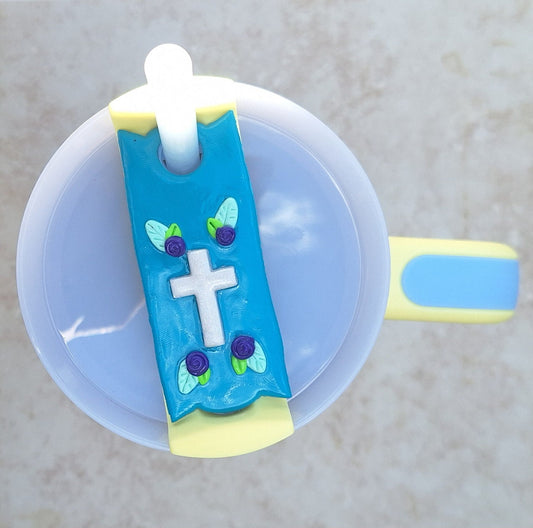 Polymer clay straw tag for stanley tumbler topper tumbler accessories / Christian cross tumbler topper tag / rose cross tumbler accessories