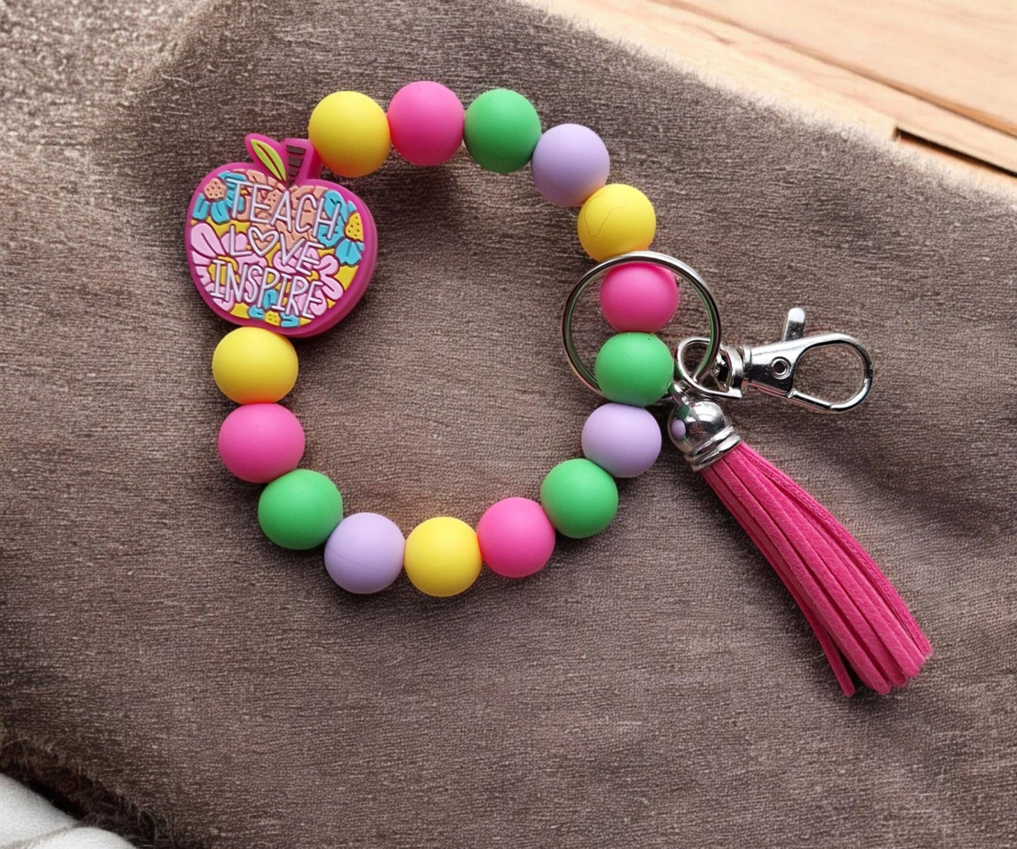 Silicone beaded wristlet keychain / teach love inspire silicone beaded wristlet keychain / teacher gift bag accessories key chain bright