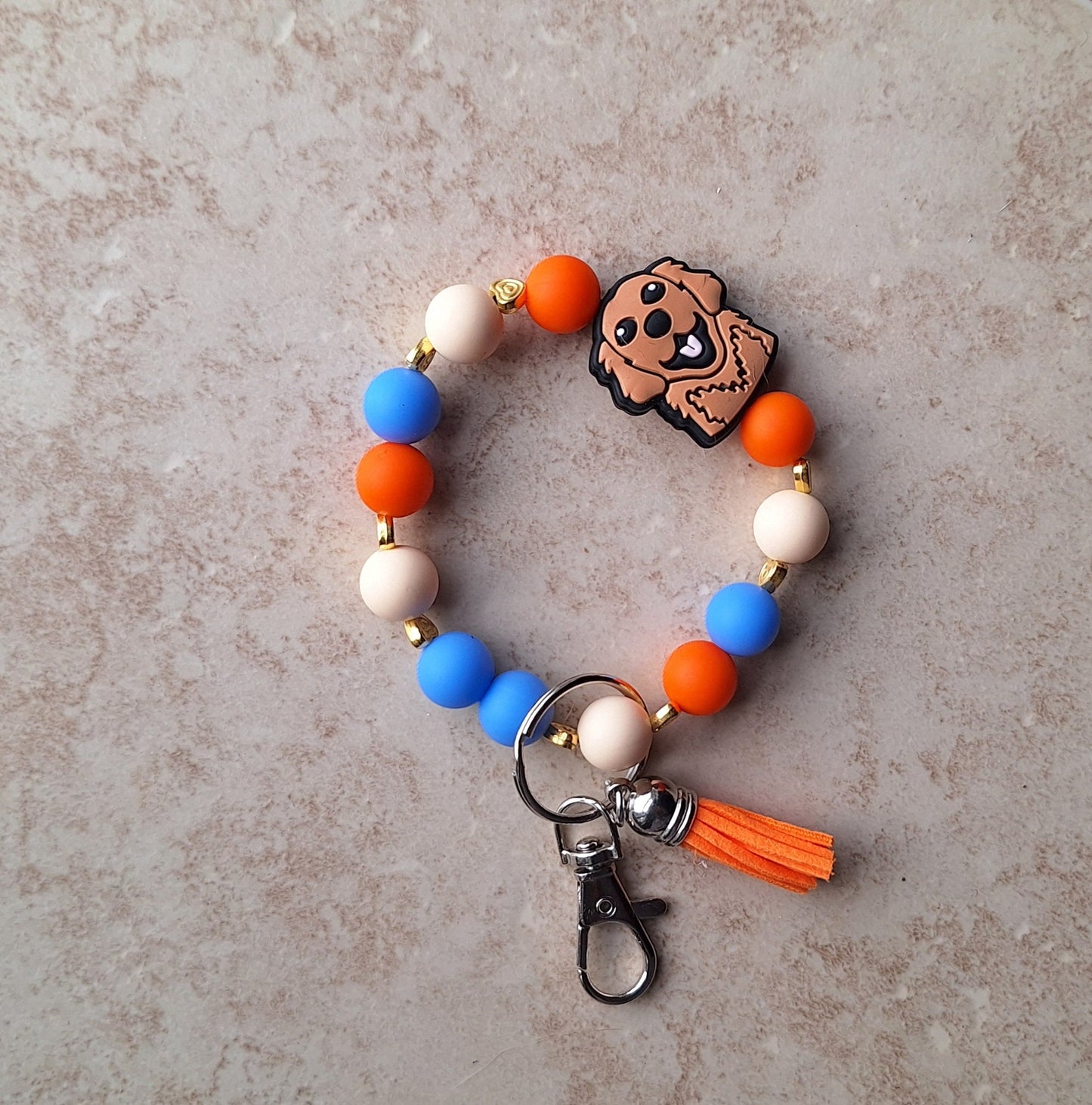 Silicone beaded wristlet keychain / tan brown puppy dog silicone beaded wristlet keychain / golden retriever bag accessory key chain gift