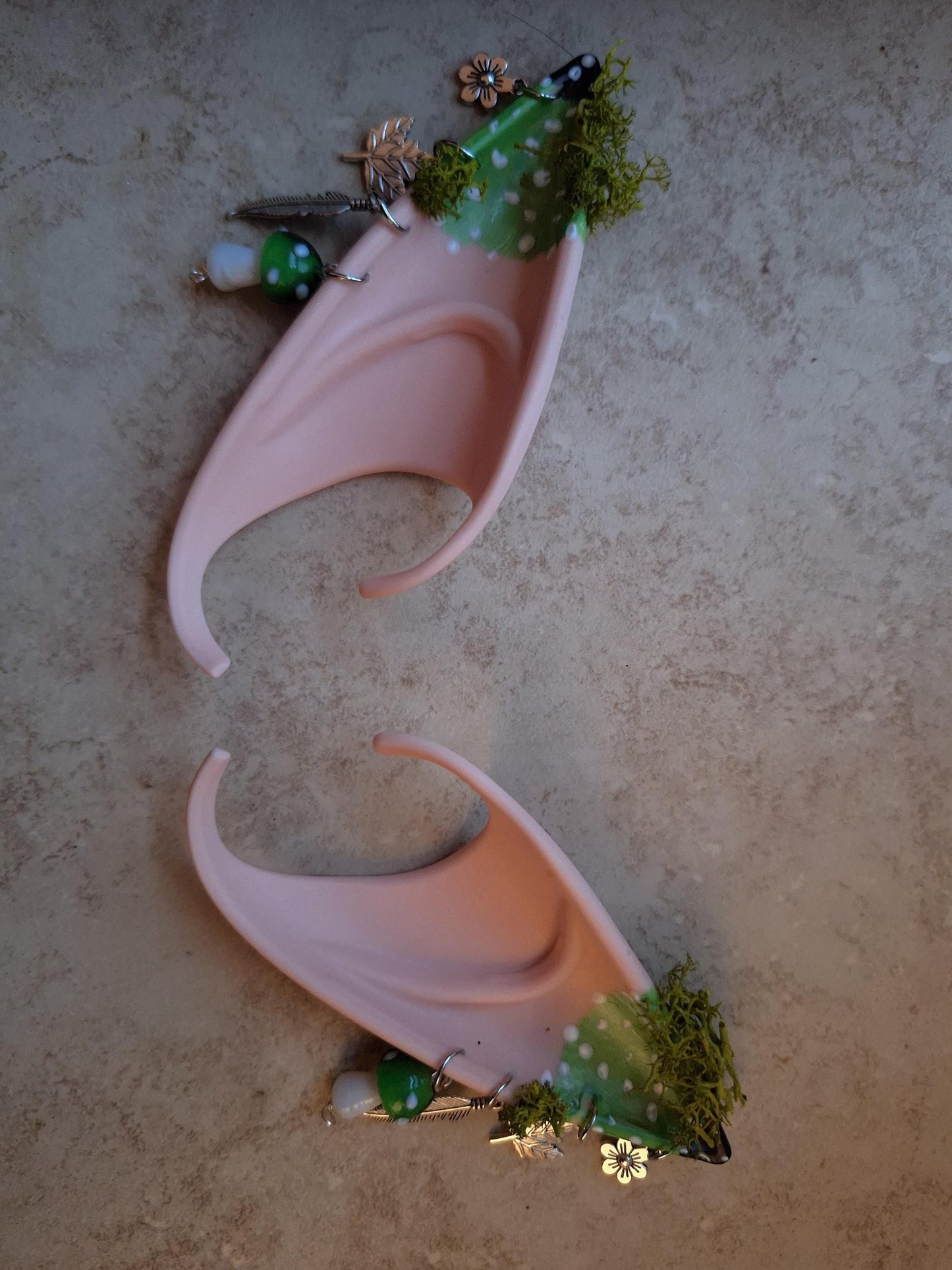 Green mushroom toadstool rubber fairy pixie elf ears / halloween costume accessory cosplay elf ears / painted elf ears with earrings