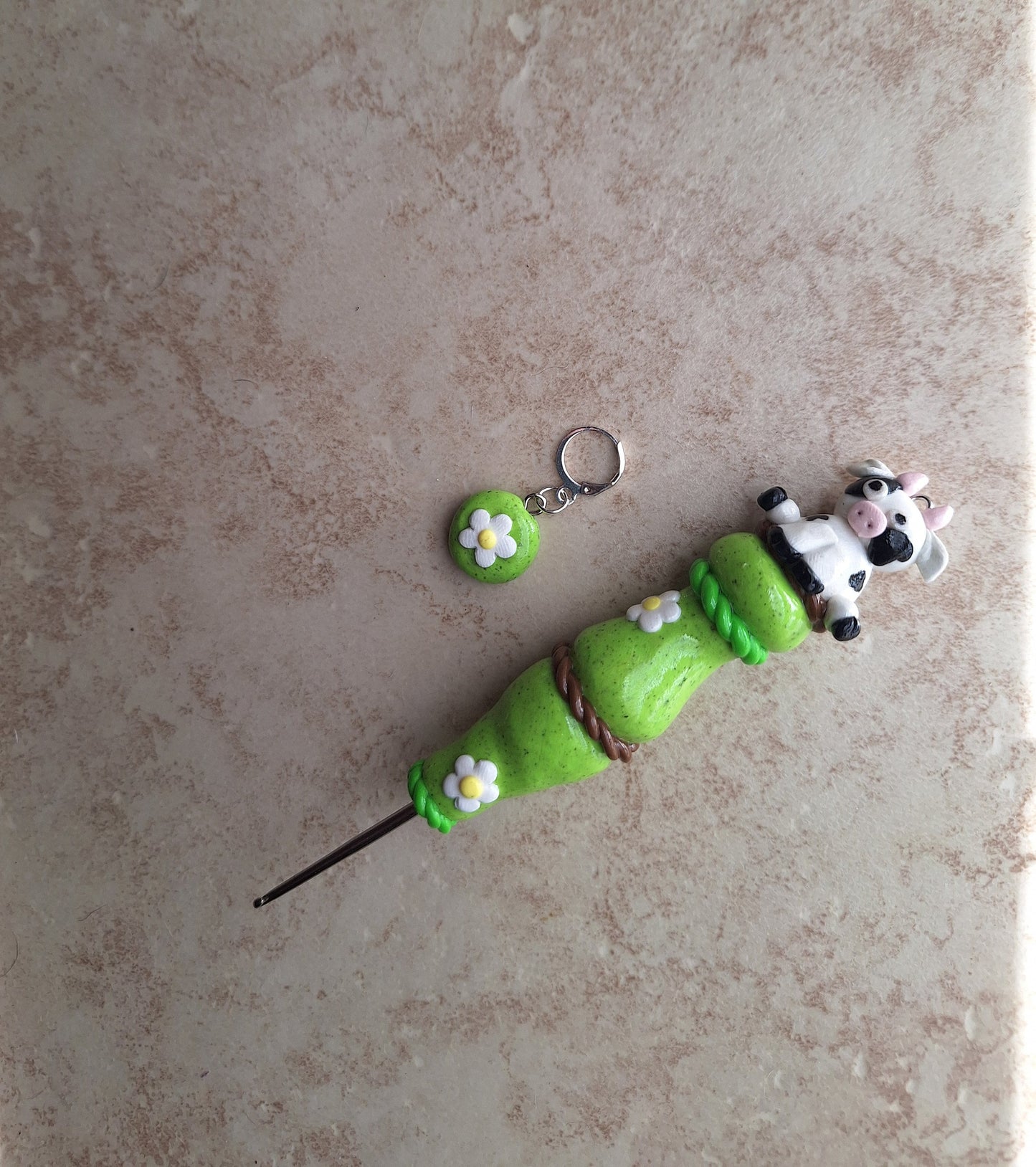 Polymer clay cute daisy cow crochet hook with stitch marker