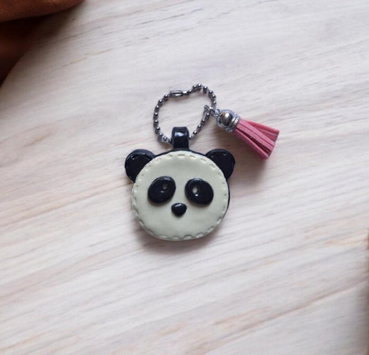 Polymer clay panda bear faux leather look stitch style keychain / cute clay black white panda bag accessories key chain