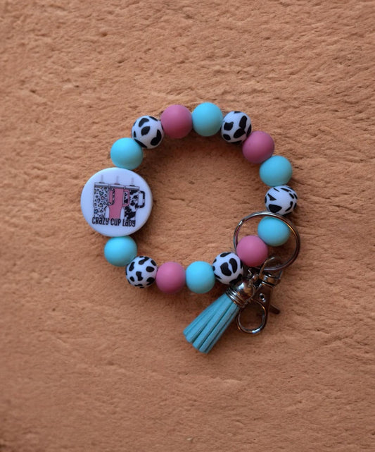 Silicone beaded wristlet keychain / crazy cup lady silicone beaded wristlet keychain / cup tumbler bag accessories key chain