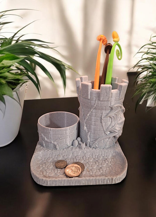 3D printed dragon castle desk organizer / dragon pen utensil holder / 3d printed tabletop work supply holder desk accessories