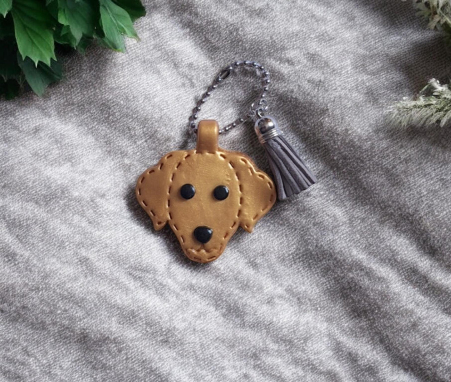 Polymer clay puppy dog faux leather look stitch style keychain / cute clay dog Labrador golden retriever bag accessories key chain