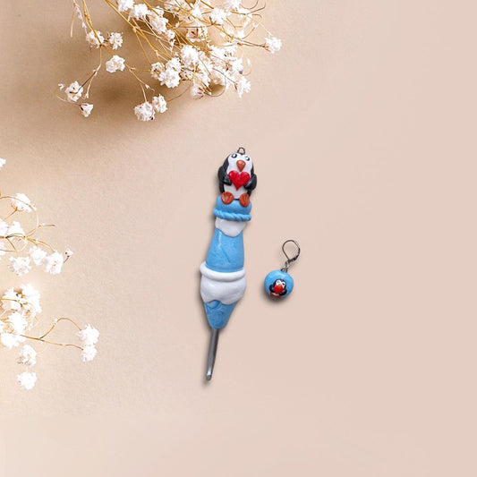 Polymer clay icy heart penguin crochet hook with stitch marker
