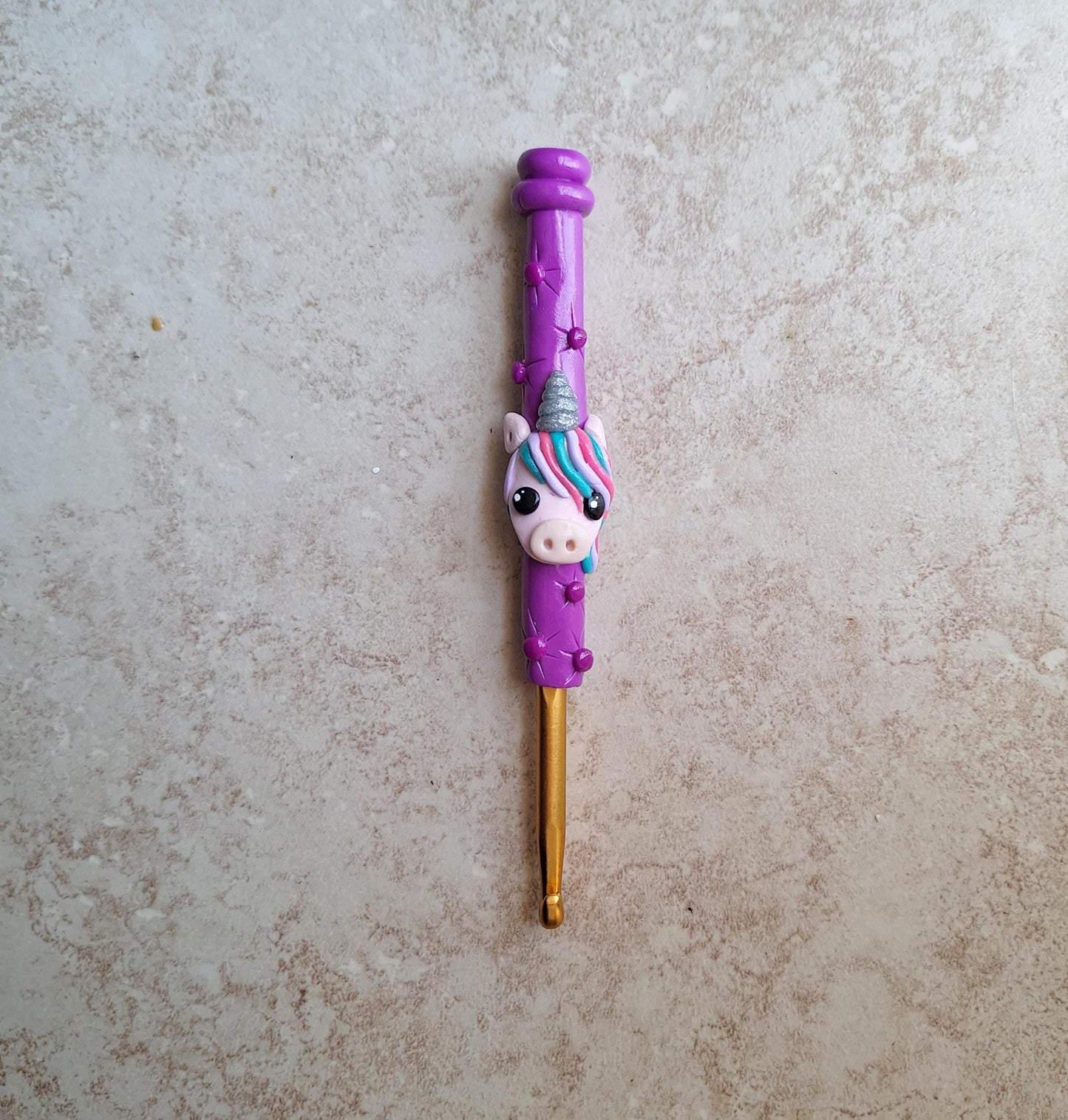 Polymer clay purple teal pink unicorn crochet hook