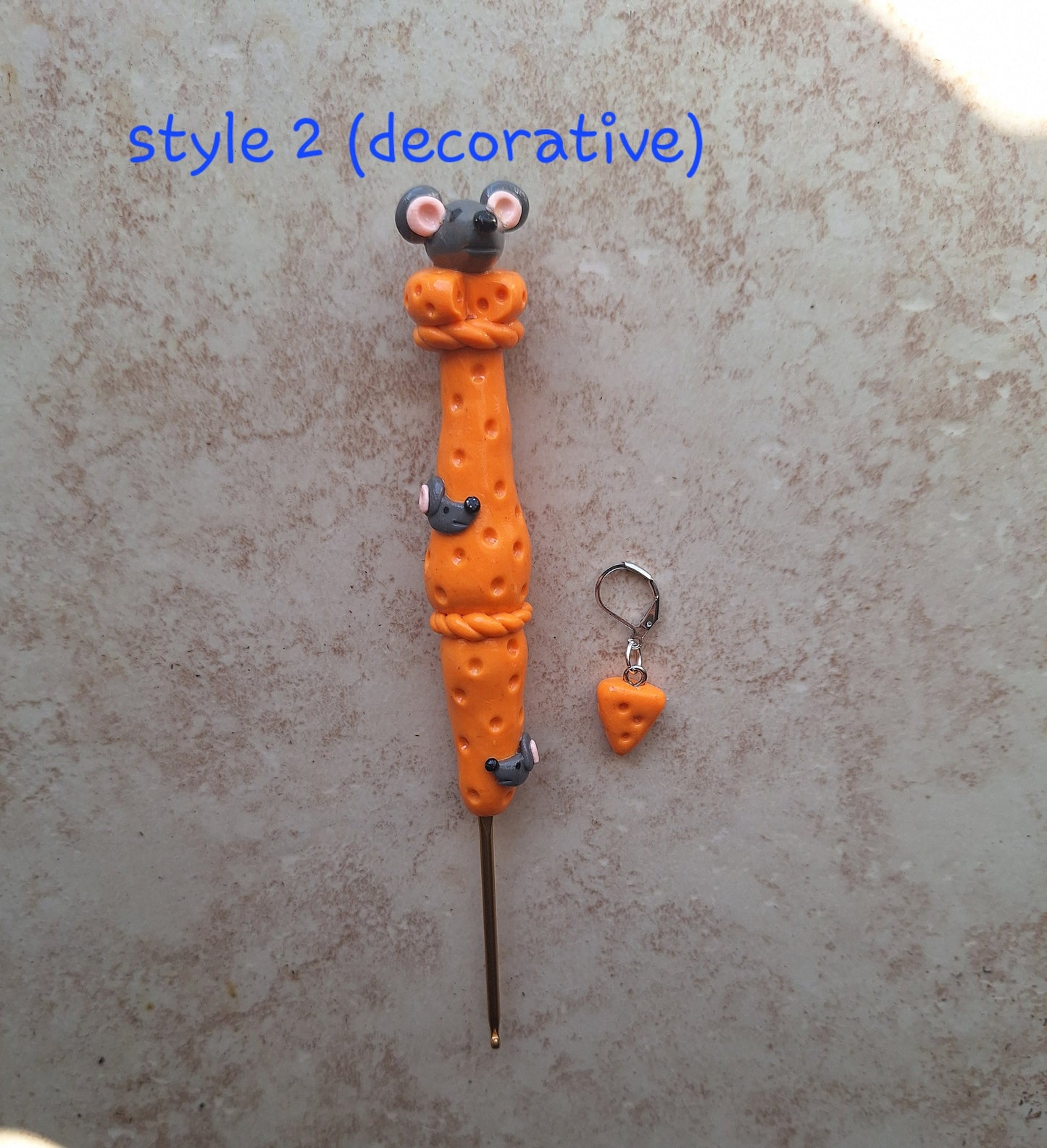 Polymer clay cute mouse in cheese crochet hook