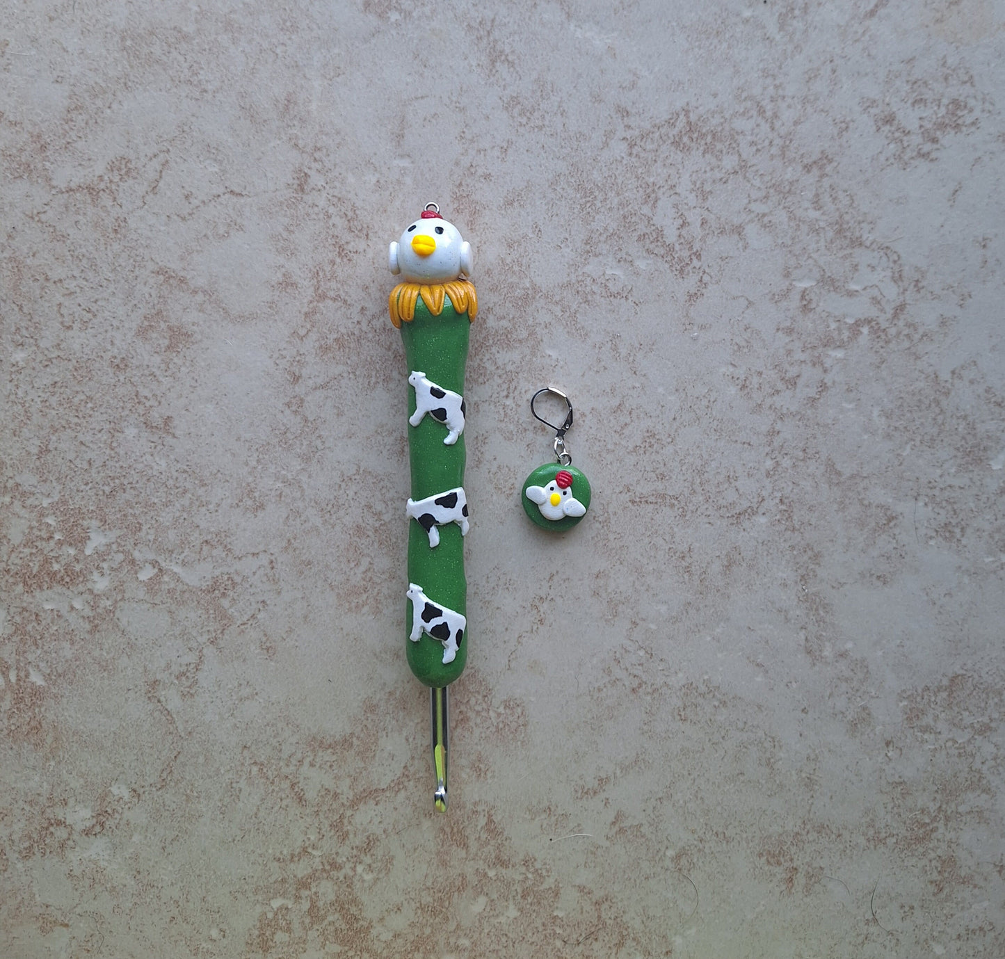 Polymer clay cute cow chicken crochet hook with stitch marker