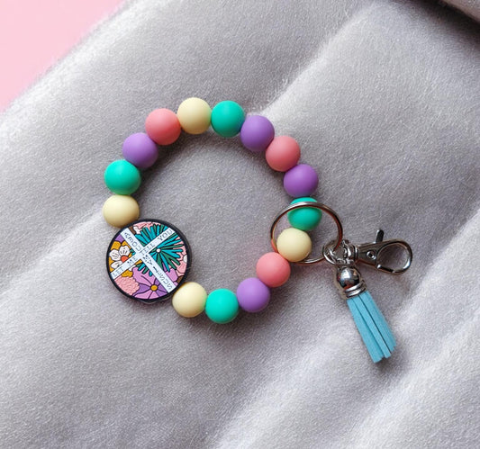 Silicone beaded wristlet keychain / let me tell you about Jesus cross beaded wristlet keychain / religious faith bag accessories key chain