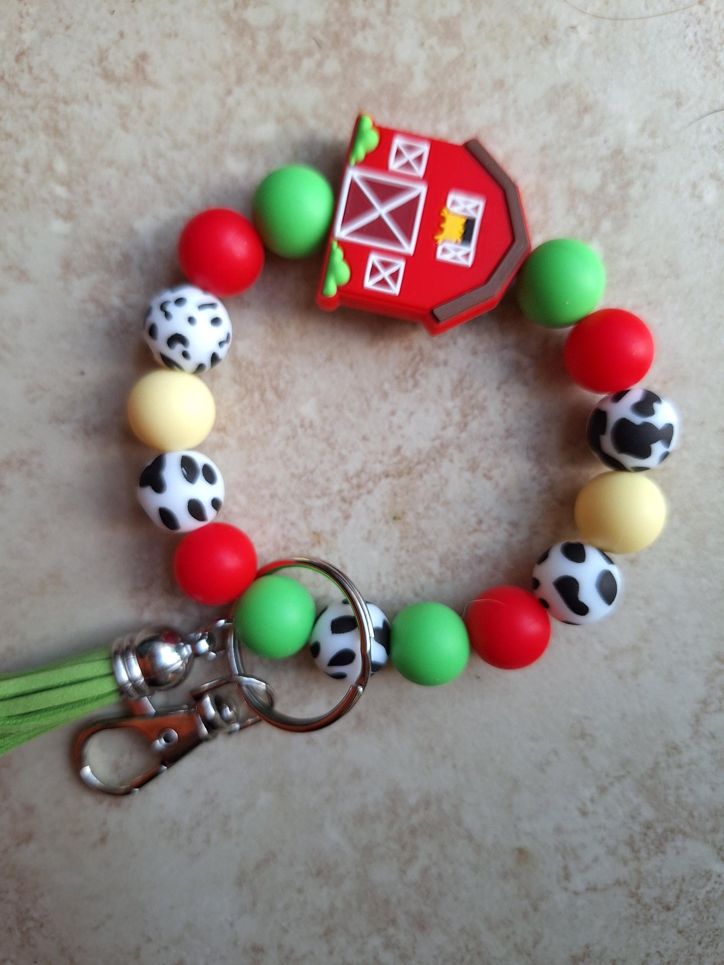 Silicone beaded wristlet / red barn cow farm farmer silicone beaded wristlet keychain / country western bag accessories key chain