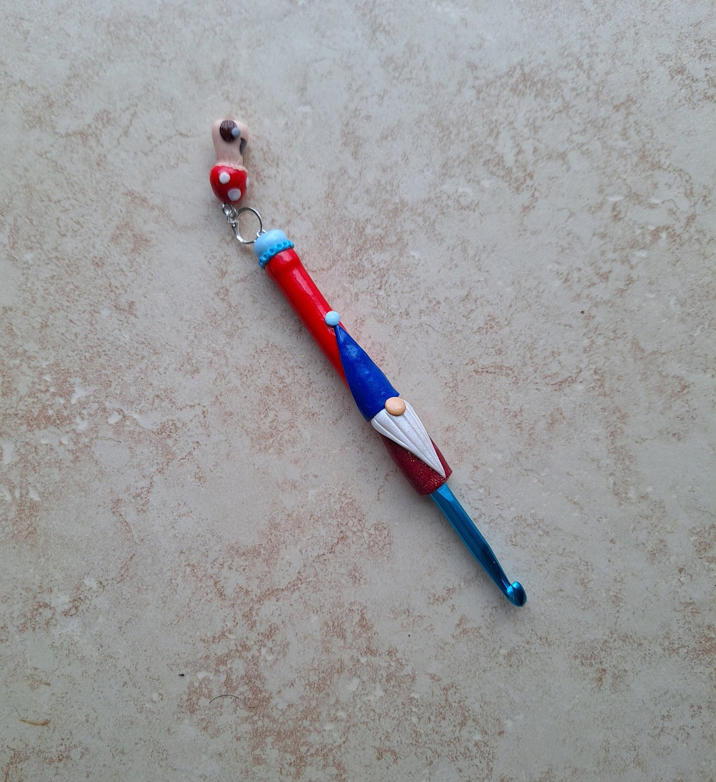 Polymer clay mushroom garden gnome crochet hook