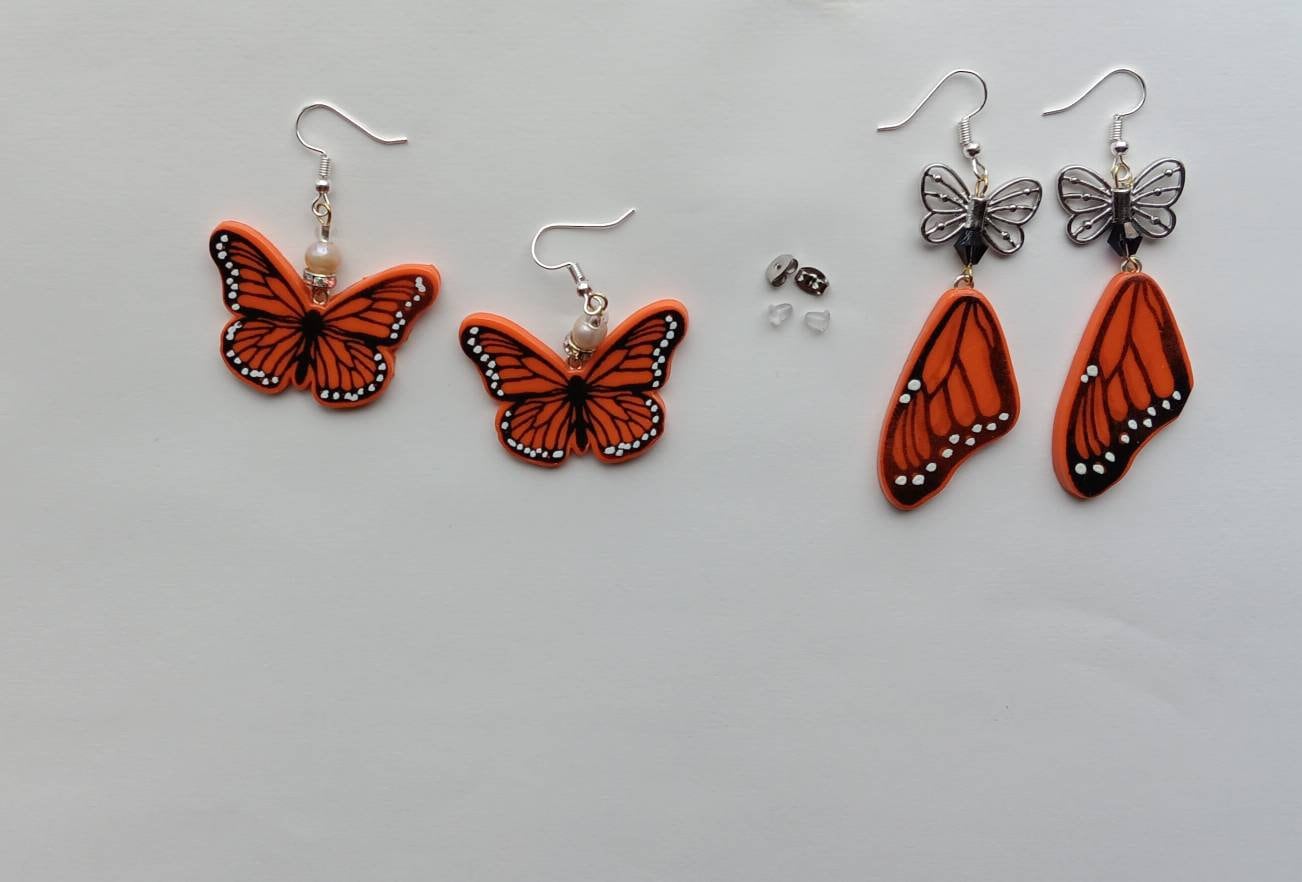 Kawaii butterfly earrings / polymer clay orange monarch butterfly dangle earrings / clay butterfly wing jewelry / butterfly wing earrings