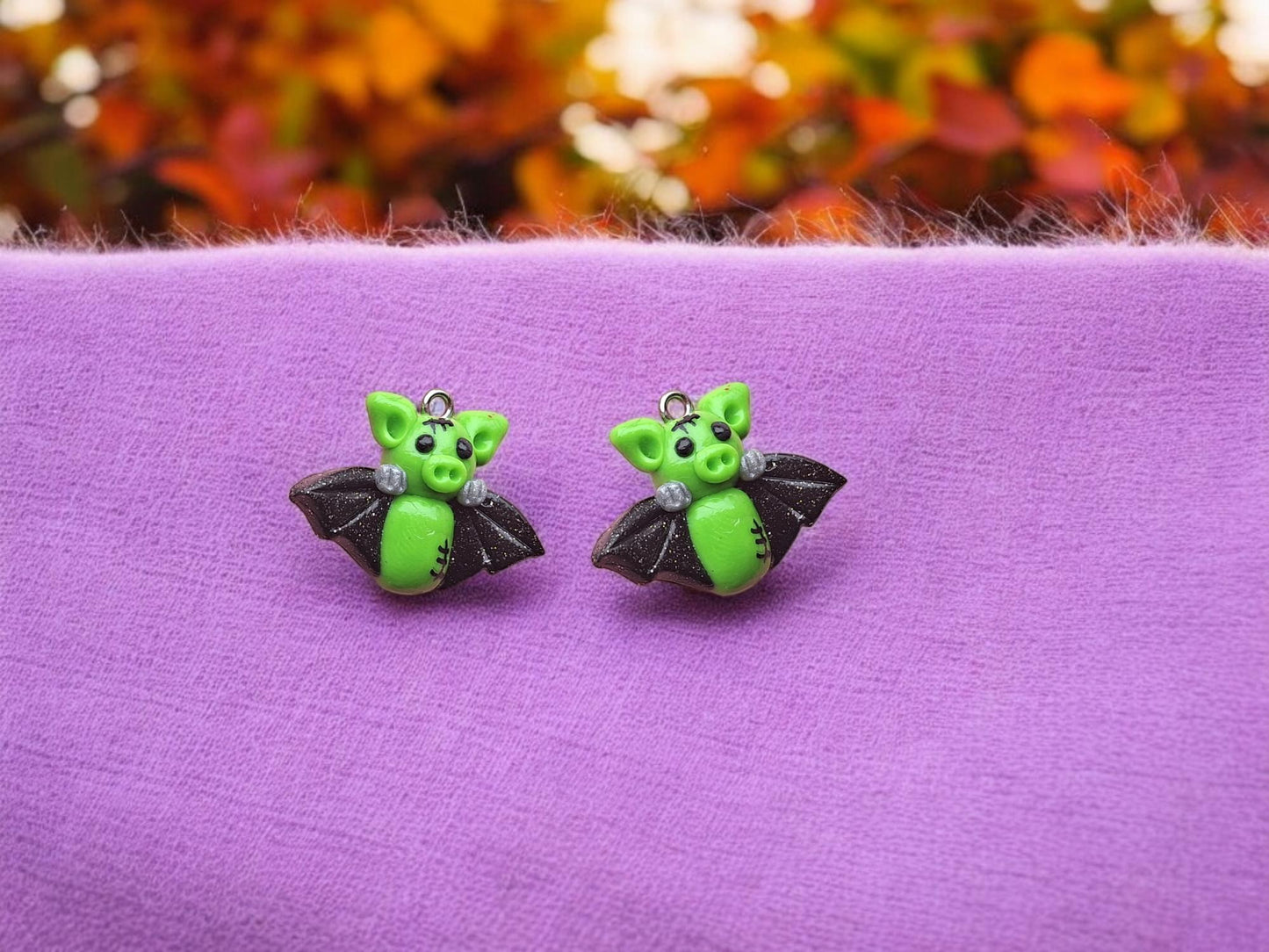 Kawaii green frankenstein bat charm / polymer clay halloween charms / clay charm jewelry / bat charm stitch marker progress keeper