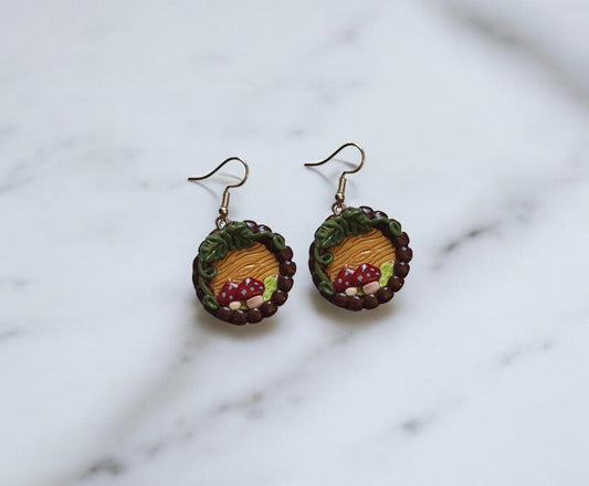 Kawaii clay autumn fairy door earrings / polymer clay mushroom bookcase earrings toadstool jewelry / fall cottage core earrings