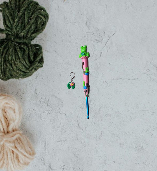 Polymer clay frog pond crochet hook with stitch marker