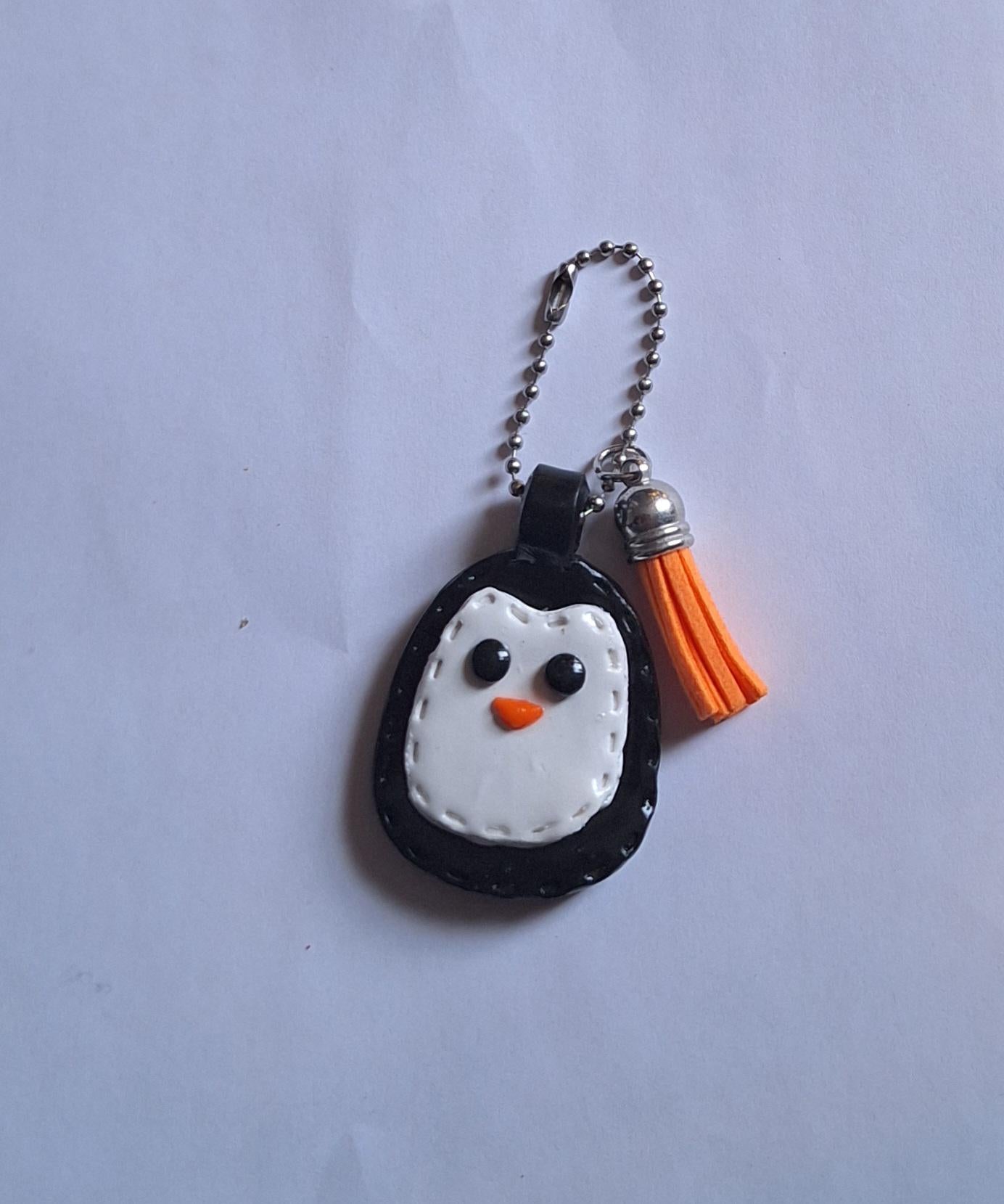Polymer clay penguin faux leather look stitch style keychain / cute clay penguin bag accessories key chain