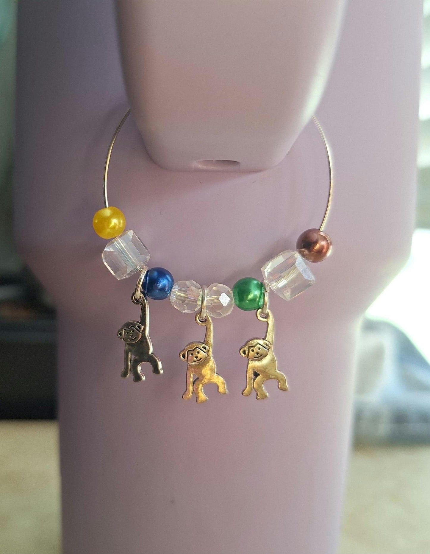 kawaii faux pearl monkey banana jungle handle charm tumbler accessories / tumbler charm buddy / silvertone monkey tumbler handle charm