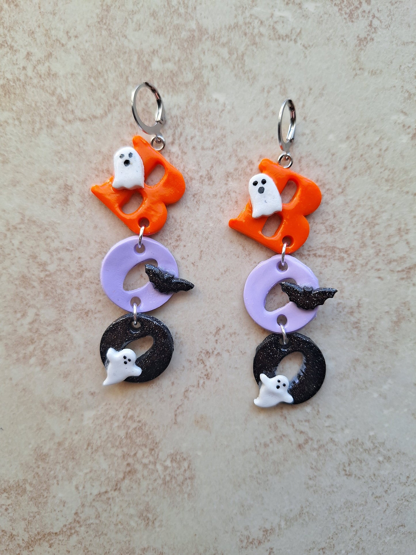 Kawaii clay dangle BOO ghost bat earrings / polymer clay dangle stud earrings / bat ghost Halloween holiday jewelry / boo earrings
