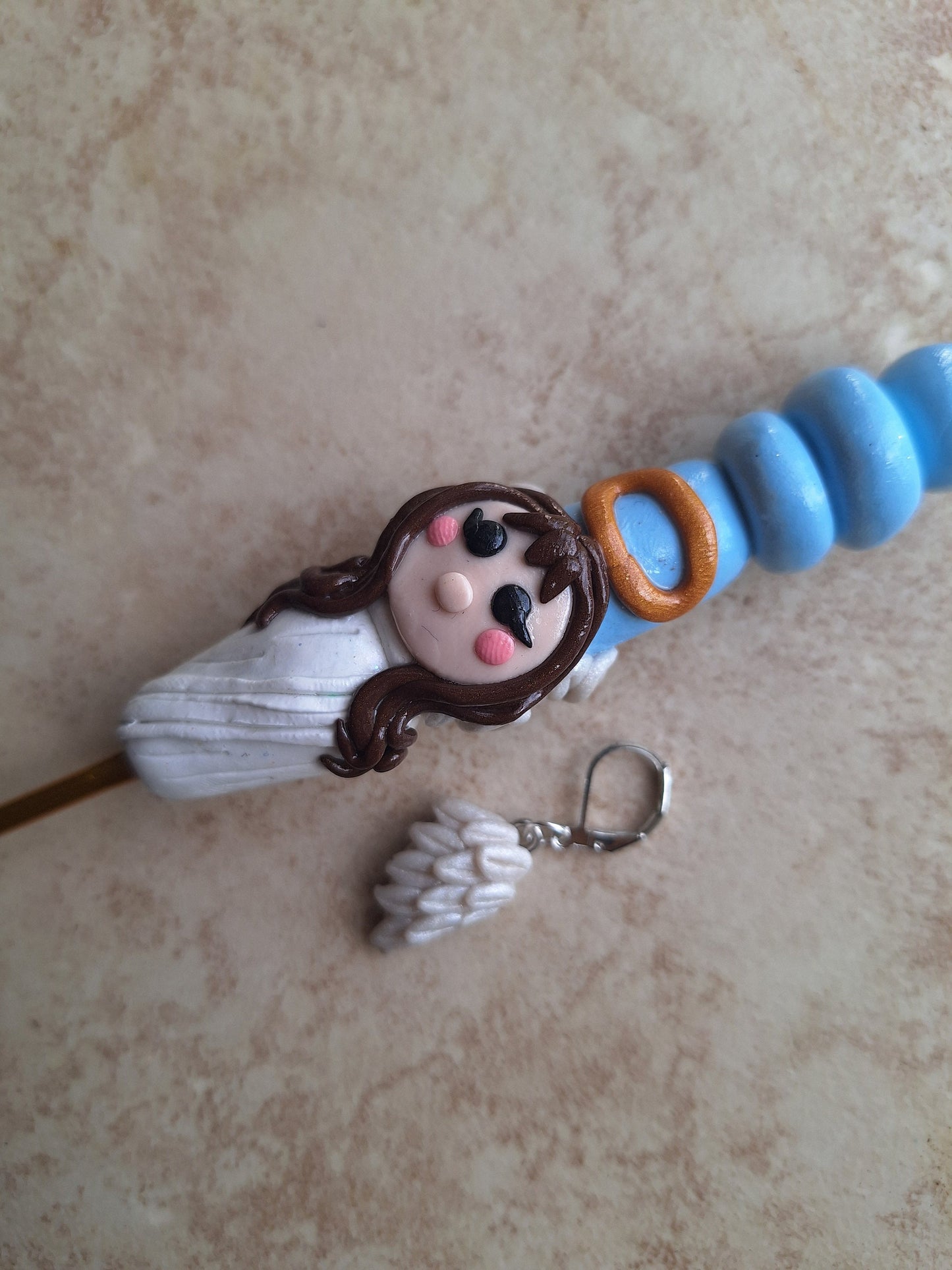Polymer clay angel halo crochet hook with wing stitch marker