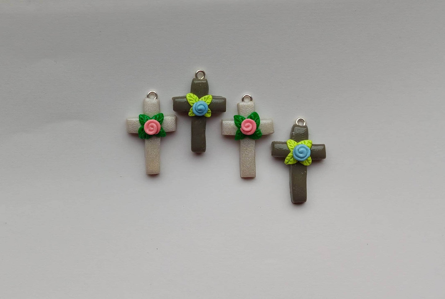 Clay cross with rose charms / polymer clay floral cross charms /  Christian jewelry charms / tiny clay cross charms