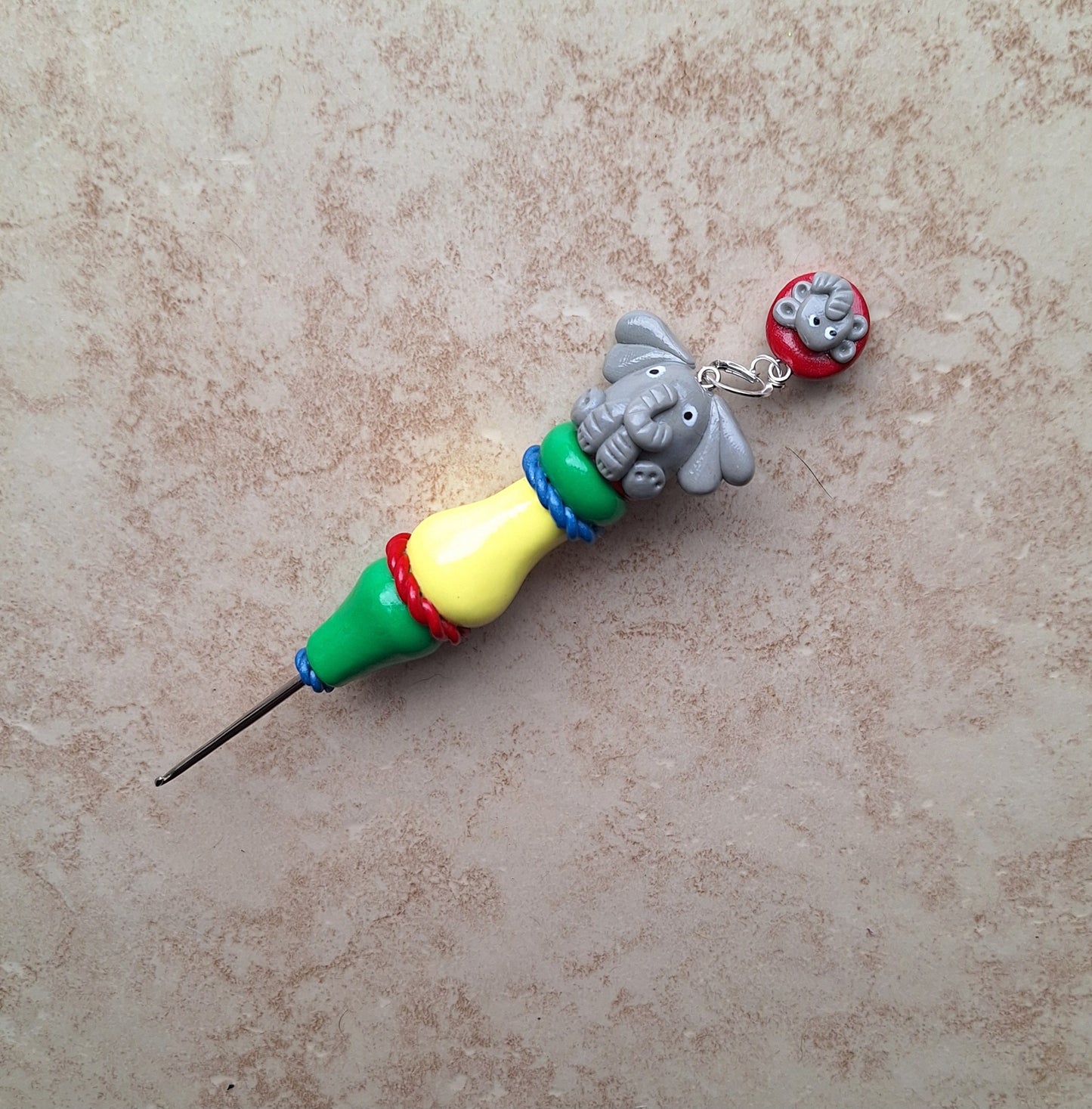 Polymer clay cute circus elephant color block crochet hook with stitch marker