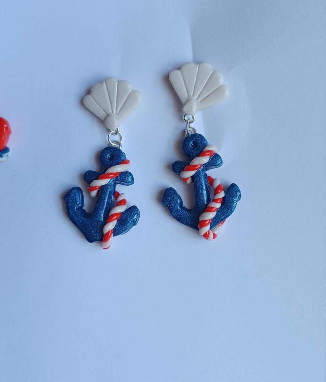Kawaii nautical earrings / polymer clay anchor earrings / kawaii anchor nautical jewelry / clay shell anchor rope beach earrings