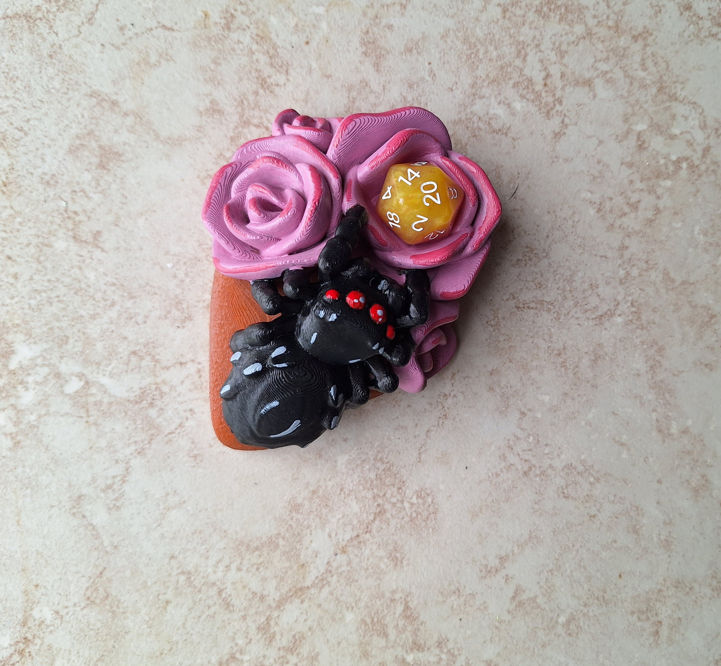 3D printed and painted rose and spider dice holder / 3d spider pink rose dice holder display / 3d printed d20 dice tower holder