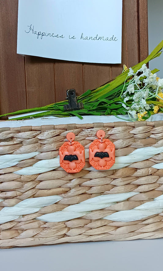 Kawaii orange spiderweb bat earrings / polymer clay dangle stud earrings / flying bat Halloween holiday jewelry / spider web earrings