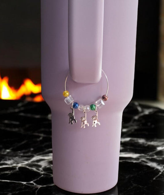 kawaii faux pearl monkey banana jungle handle charm tumbler accessories / tumbler charm buddy / silvertone monkey tumbler handle charm