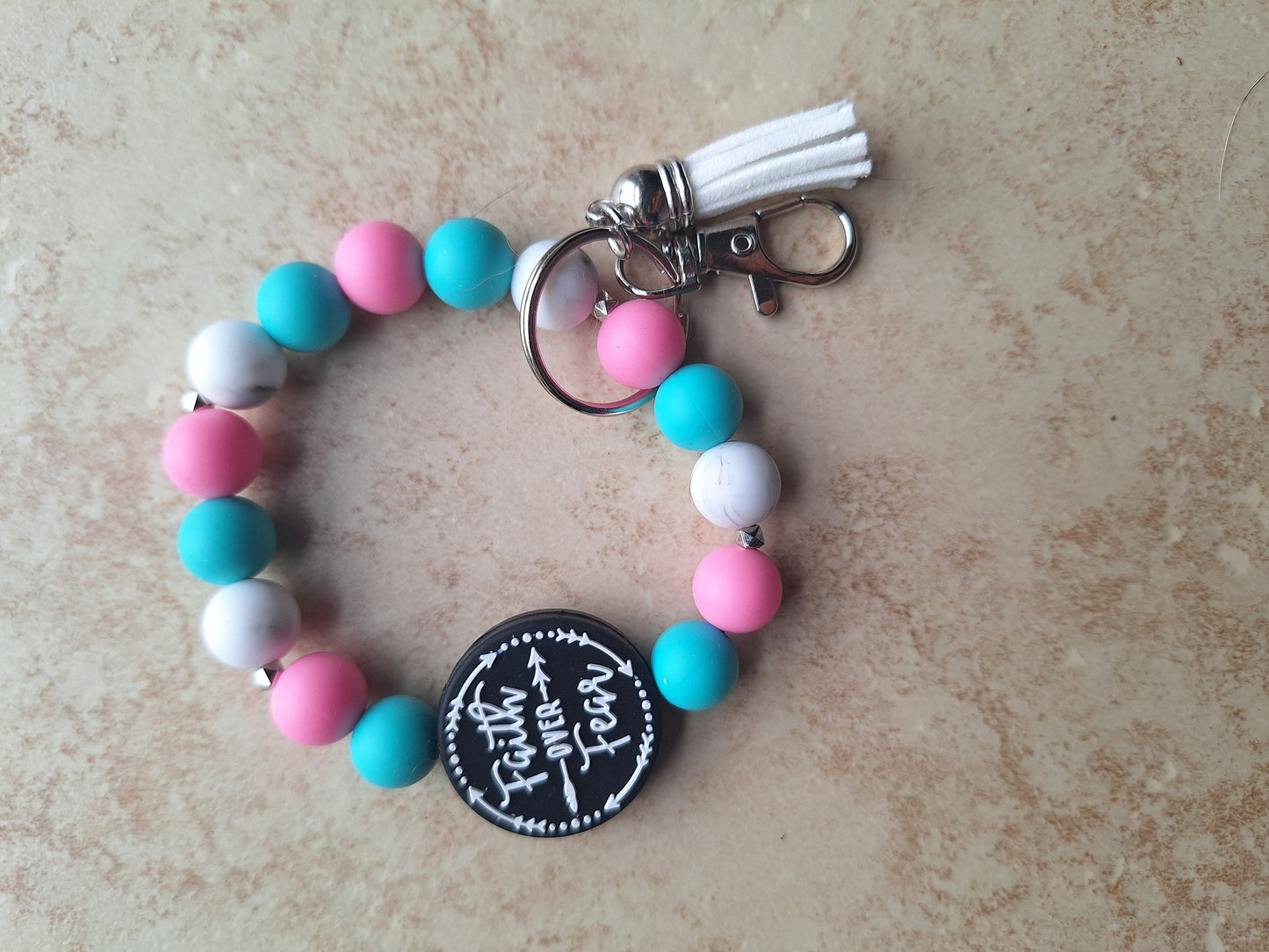 Silicone beaded wristlet keychain / faith over fear silicone beaded wristlet keychain / religious faith bag accessories key chain gift