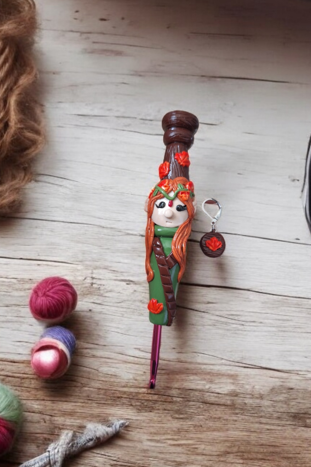 Polymer clay cute autumn forest elf elven crochet hook