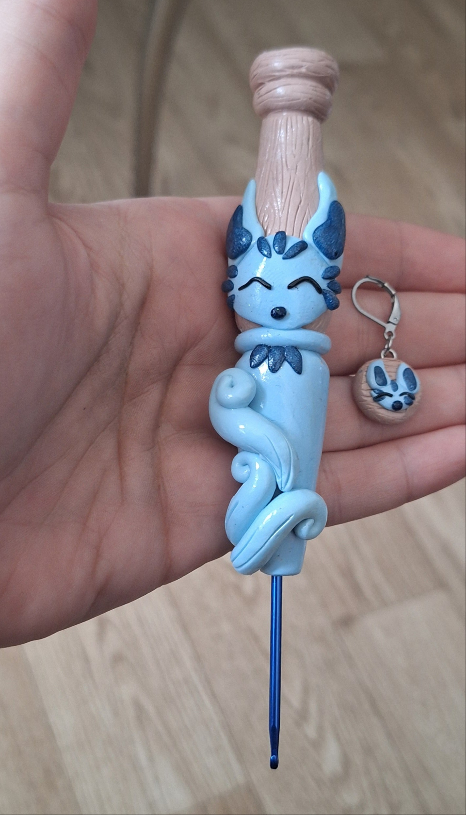 Polymer clay cute blue kitsune fox crochet hook