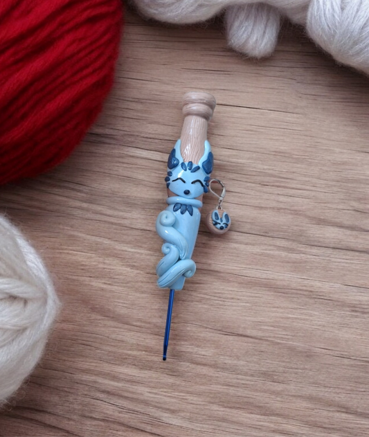 Polymer clay cute blue kitsune fox crochet hook